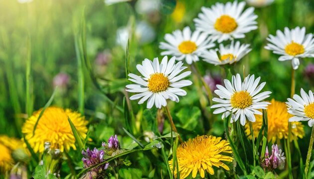 beautiful summer natural background with yellow white flowers daisies clovers and dandelions in grass against of dawn morning ultra wide panoramic landscape banner format
