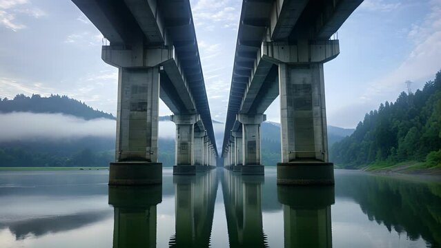 Massive concrete supports rise from the depths bearing the weight of a grand bridge that links two distant landscapes.