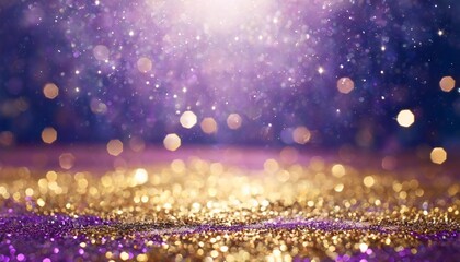 Fototapeta na wymiar abstract violet and gold shiny christmas background with glitter and confetti holiday bright purple blurred backdrop with golden particles and bokeh