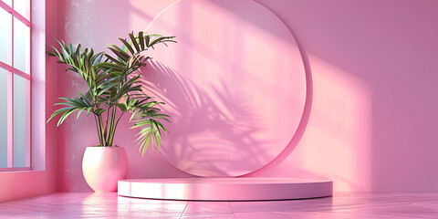 Blank pink display on floor background_generative ai