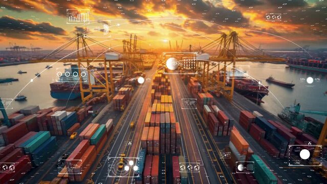 Futuristic port with container stacks, orange sunset, and digital interface elements, logistics efficiency.