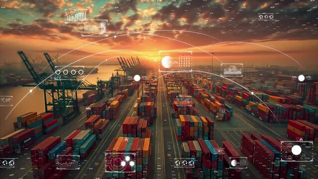 Futuristic port with container stacks, orange sunset, and digital interface elements, logistics efficiency.