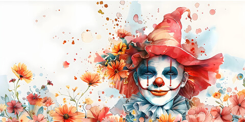 April Fool's Day holiday banner with a cheerful clown and flowers, watercolor illustration. - obrazy, fototapety, plakaty
