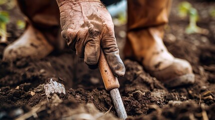 Close-up of farmer's hands using advanced tools for soil analysis. - obrazy, fototapety, plakaty
