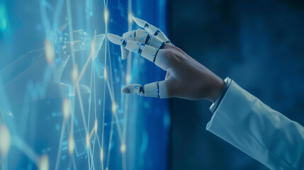 Machine robots and human hands touching digital technology screen with artificial intelligence.