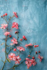 A flat lay top view of delicate pink blooms on a dreamy pastel blue backdrop, Prime Lenses