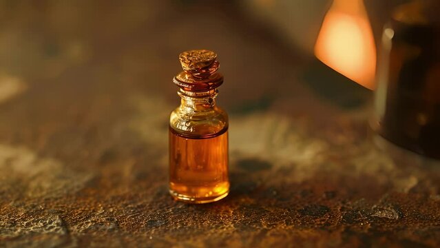 A small glass vial filled with golden liquid believed to hold the elixir of life by ancient cultures and used in traditional medicine for powerful healing.