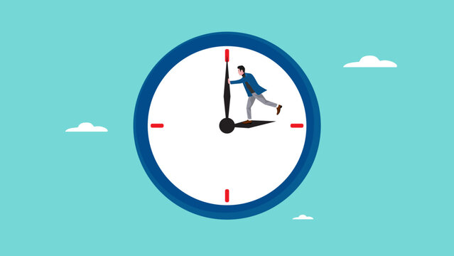 turn back time concept illustration, trying to get time back, extension of time to complete the work, businessman tries to turn back the clock to rewind time concept vector illustration