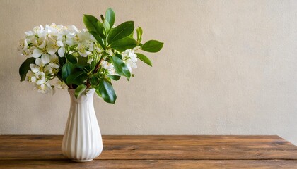 blooming branch in ceramic vase on wooden table against beige stucco wall with copy space home interior background of living room