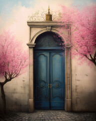 Beautiful Vintage Door and pink sakura blossom in the street in old town. Paris Door, Illustration in Vintage Style
