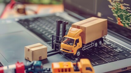 Logistics, supply chain and delivery service concept Fork-lift truck moves a pallet with box carton. Van on a laptop computer, depicts wide spread of products around globe in ecommerce popular era