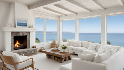 Fototapeta premium modern living room with fireplace and neutral decor with ocean view