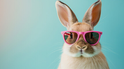 Easter bunny with sunglasses portrait on pastel copy space background