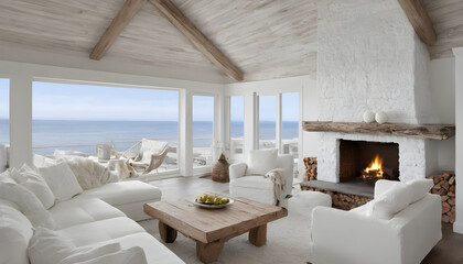 modern living room with fireplace and neutral decor with ocean view