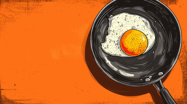 An egg in a frying pan on an orange surface, sketch Illustration