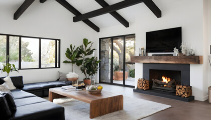 beautiful modern living room with fireplace and black and white decor