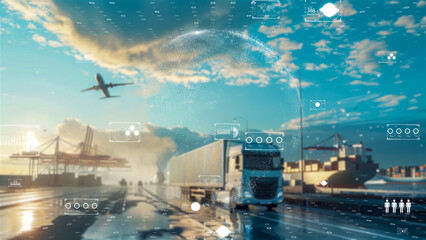 International shipping and trucking routes visualized on a digital Earth, dynamic transport data flow.