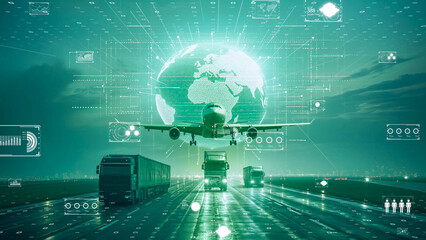 International shipping and trucking routes visualized on a digital Earth, dynamic transport data flow.