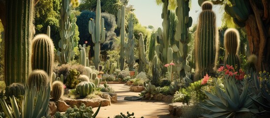 A vast garden filled with a diverse selection of cacti and succulent plants like agave and aloe in the arid desert landscape