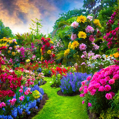 a fantastic garden full of colorful flowers - obrazy, fototapety, plakaty