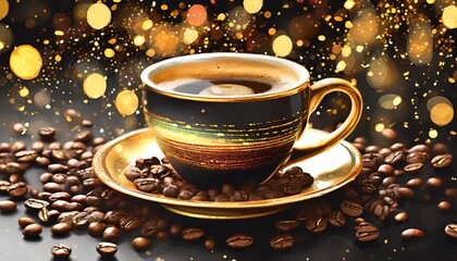 close up of luxury cup of coffe on black background with lights sparkles golden particles confetti coffee bean banner for coffee shop cafe restaurant cozy christmas jazz ambience concept generative