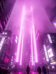 Futuristic cityscape in neon pink hues - A city basks in a surreal neon glow, pink beams shooting skyward amidst silhouetted figures in a futuristic landscape