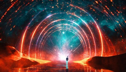space futuristic landscape fiery meteorites sparks smoke light arches dark background with light element in the center silhouette of a man a reflection of neon lights 3d rendering - obrazy, fototapety, plakaty