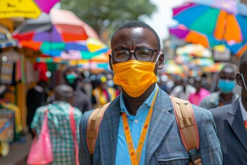 Another man wears a protective yellow mask, blending in with the colorful umbrellas of a bustling marketplace, symbolizing continued life and activity in challenging times. - obrazy, fototapety, plakaty