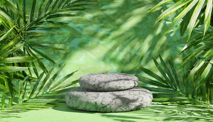 3d render abstract green background with tropical leaves shadow and bright sunlight minimal showcase scene with cobble stones pedestal for eco cosmetic product presentation