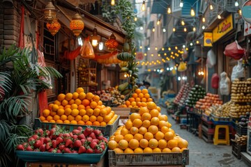 A bustling market street lined with fruit stalls under the warm glow of hanging lanterns, capturing the essence of local commerce. - obrazy, fototapety, plakaty