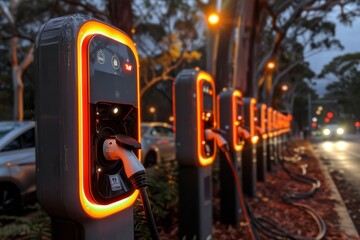 A line of electric vehicle charging stations aglow with orange light stands ready for use at dusk, signaling a shift towards sustainable transportation. - obrazy, fototapety, plakaty