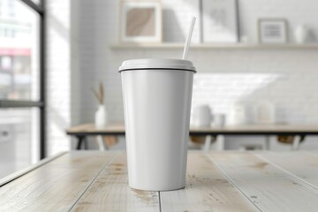 White Takeout Coffee Cup in Cafe Setting - This image showcases a tall white takeout coffee cup with lid and straw placed on a wooden table in a cozy cafe environment with blurred interior detail 