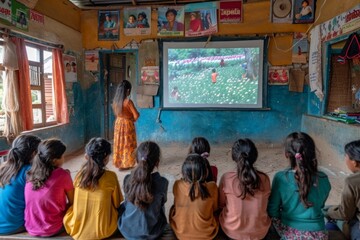 Obraz na płótnie Canvas Children in a rural classroom watch an educational video attentively.
