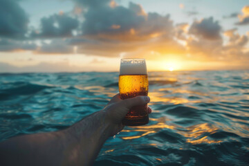 Hand holding beer against sunset ocean backdrop - A serene scene capturing a hand holding a chilled beer glass with the sunset and ocean in the background
