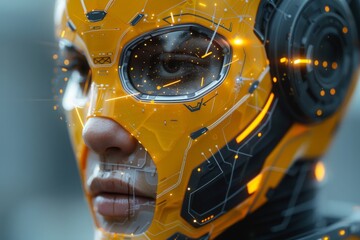 A close-up of a robotic face with intricate yellow circuit designs.