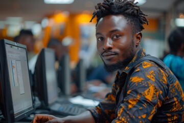 A young man with dreadlocks smiling at the camera in a computer lab environment.