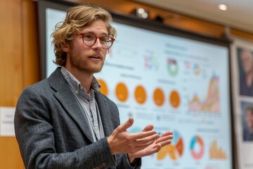 An animated man presenting colorful data charts during a lecture or meeting.