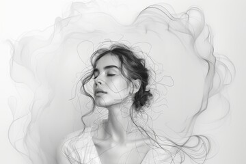 A serene line drawing of a woman overlaid on a minimalistic backdrop.
