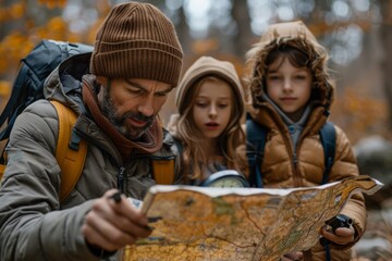 Father and children with backpacks reading a map in the wild, intense focus.