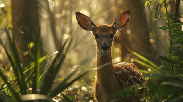 Young deer bathed in golden sunlight in forest - Captured at golden hour, this image showcases a young deer amidst dense foliage, bathed in warm sunlight filtering through trees