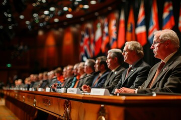 World leaders seated in a row at a global summit, with national flags in the background.