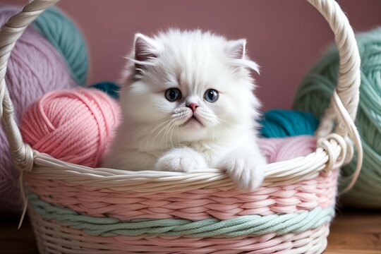 Persian white cat cub peeking out from a basket of yarn image kitten, kitty, young cat, catling, catlet, feline cub, cat baby, small cat, chaton, gatito, gattino stock photo 