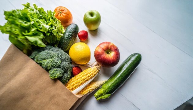 background of healthy food delivery it features a paper bag filled with vegan and vegetarian food including fruits and vegetables has a white background with copy space making it suitable for