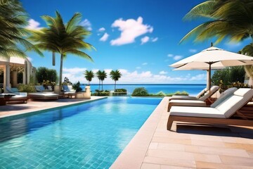 Fototapeta premium Luxurious resort pool with palm trees and blue water