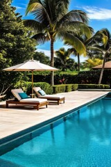 Fototapeta premium Luxurious resort pool with palm trees and blue water