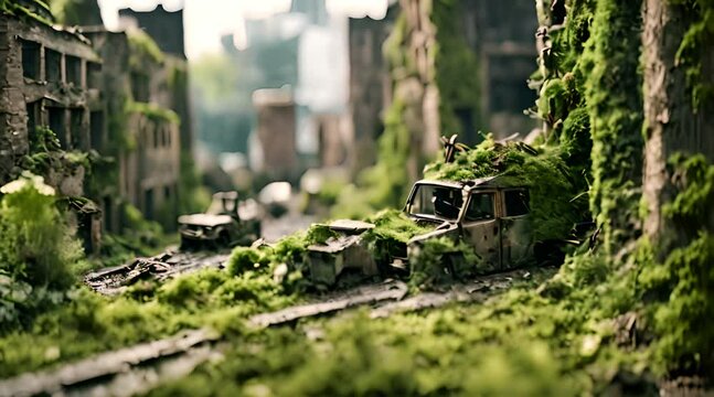 Moss-Covered Toy Cars Stand Silent in the Shadow of an Abandoned Building