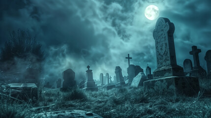 Spooky cemetery landscape with old tombstones and fog. Full moon - obrazy, fototapety, plakaty