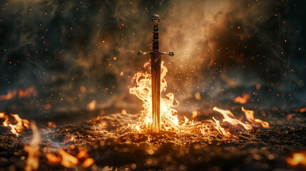 Sword of Grace and Peace. A flaming sword stuck in the ground. F - obrazy, fototapety, plakaty