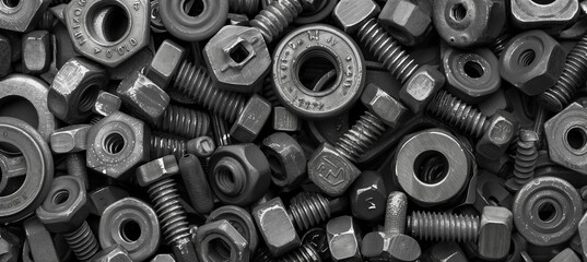 Assorted new galvanized bolts and nuts for abstract industrial pattern