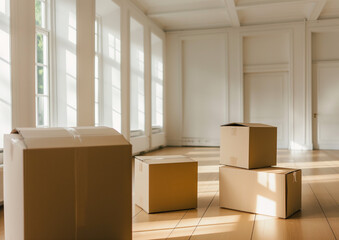 moving cardboard boxes in an empty room illustration.